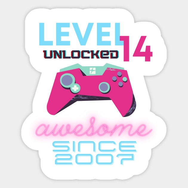 Level 14 Unlocked Awesome 2007 Video Gamer Sticker by Fabled Rags 